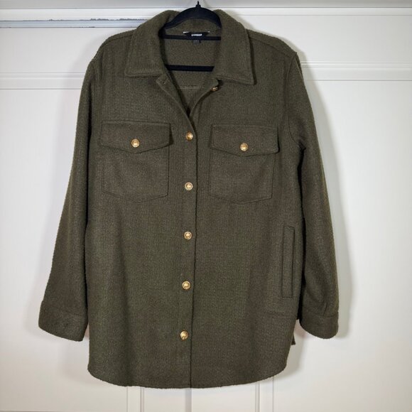 Express Tweed Novelty Button Oversized Shacket in Green Large - Picture 2 of 13